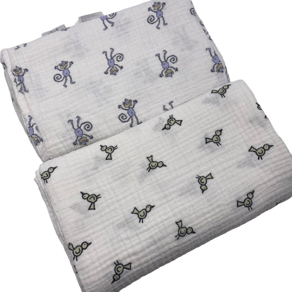 Aden Anais Baby Swaddle Blankets Muslin Green Birds Purple Monkeys Cotton Light